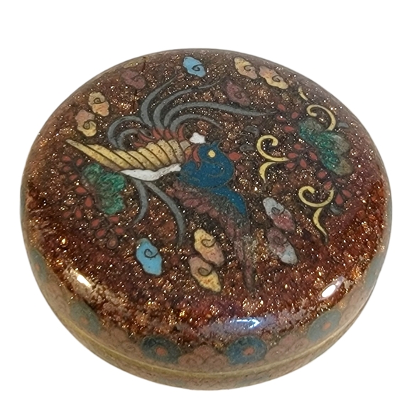 Antique 19th C. Japanese Cloisonné Sparkle Mica Phoenix Round Jewlrey Box Rare - Picture 3 of 11